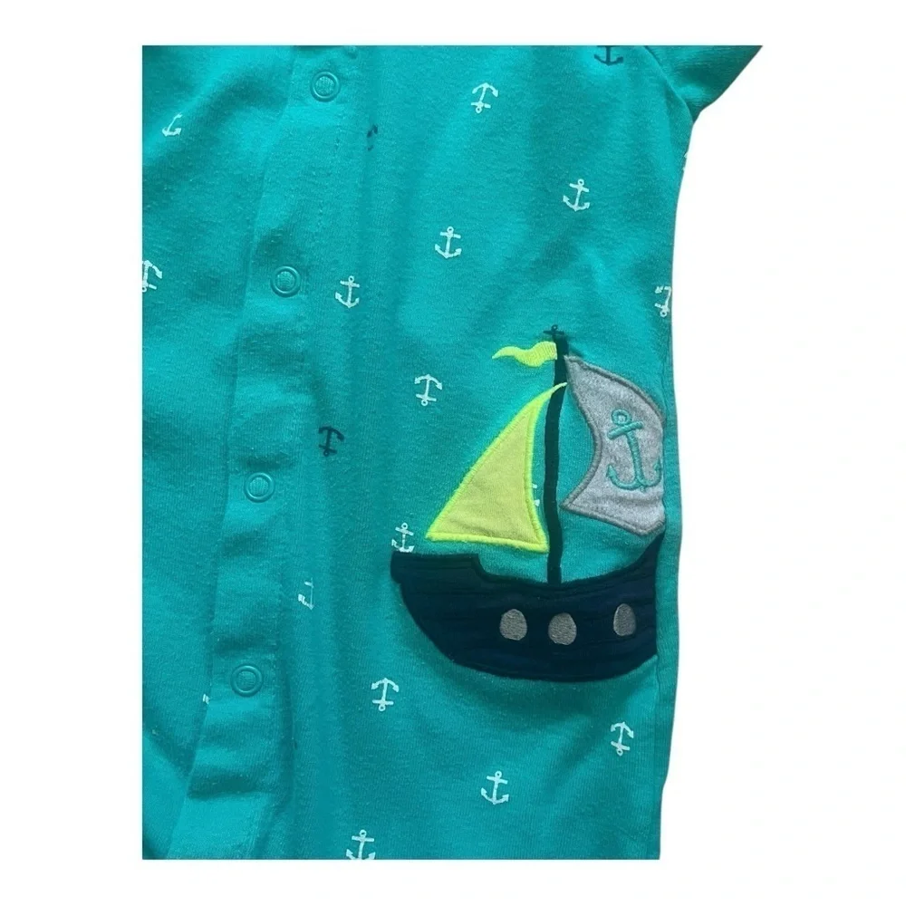 Carter’s green anchor print boat embroidered one piece boy 12M Front snap